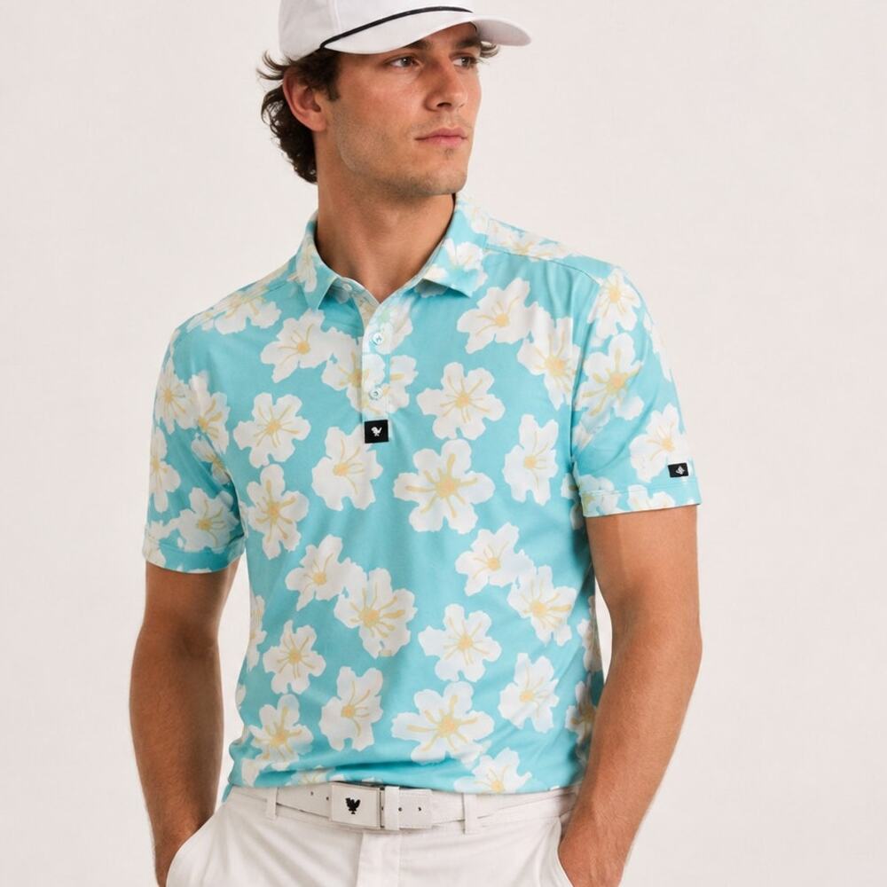 Bad Birdie Men's Floral Golf Polo Shirt Blue Performance Short Sleeve Large